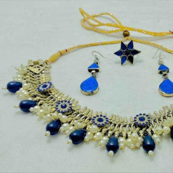 Silver Kuchi Jewelry Set With Blue Glass Stones, Vintage Boho Kuchi Handmade Tri - Picture 15 of 15